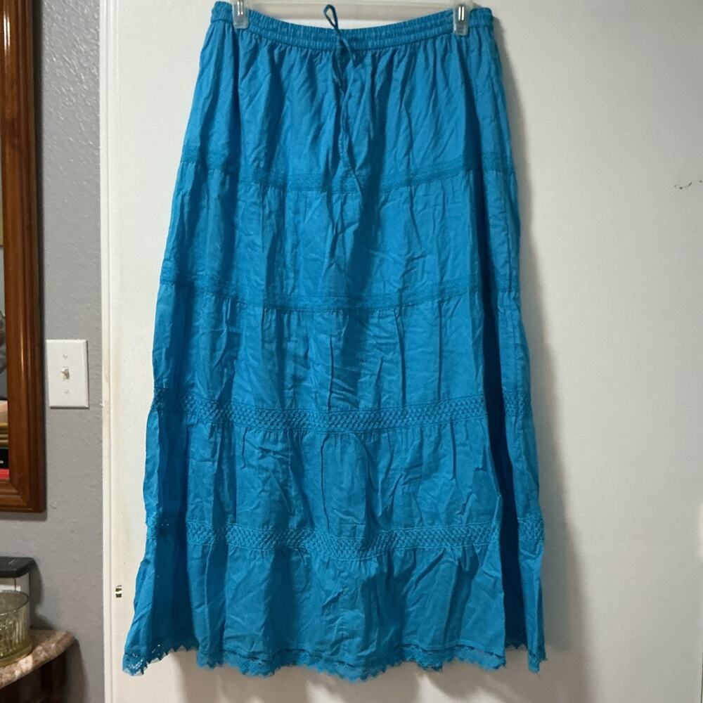 ICI Turquoise Blue Cotton Boho Tiered Maxi Skirt Crochet Lace Plus Size 1X 3772